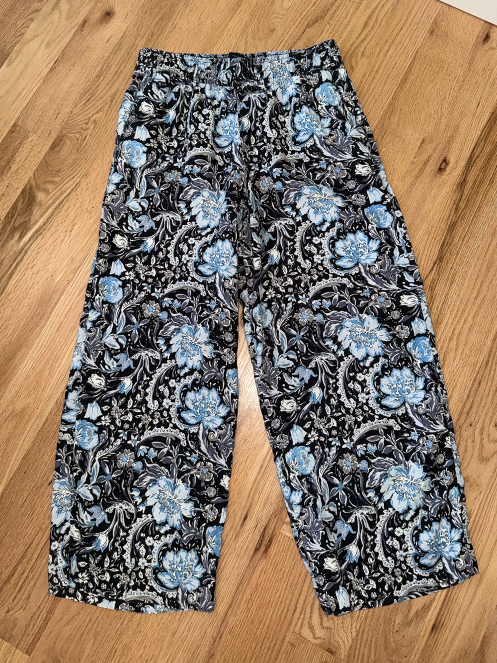 100% Linen Floral Black Blue Wide Leg Pants Elastic Waist Small